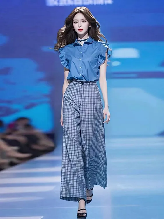 夏装搭配一整套设计感韩系飞飞袖上衣小个子蓝色格子阔腿裤套装