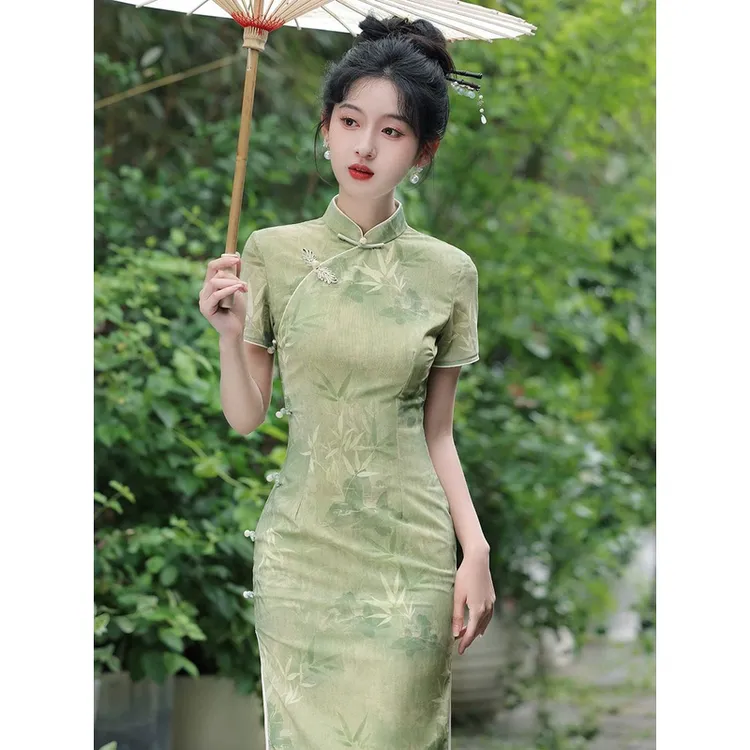 绿色旗袍女2025夏季高考中考送考年轻款竹子长款日常国风一路绿灯