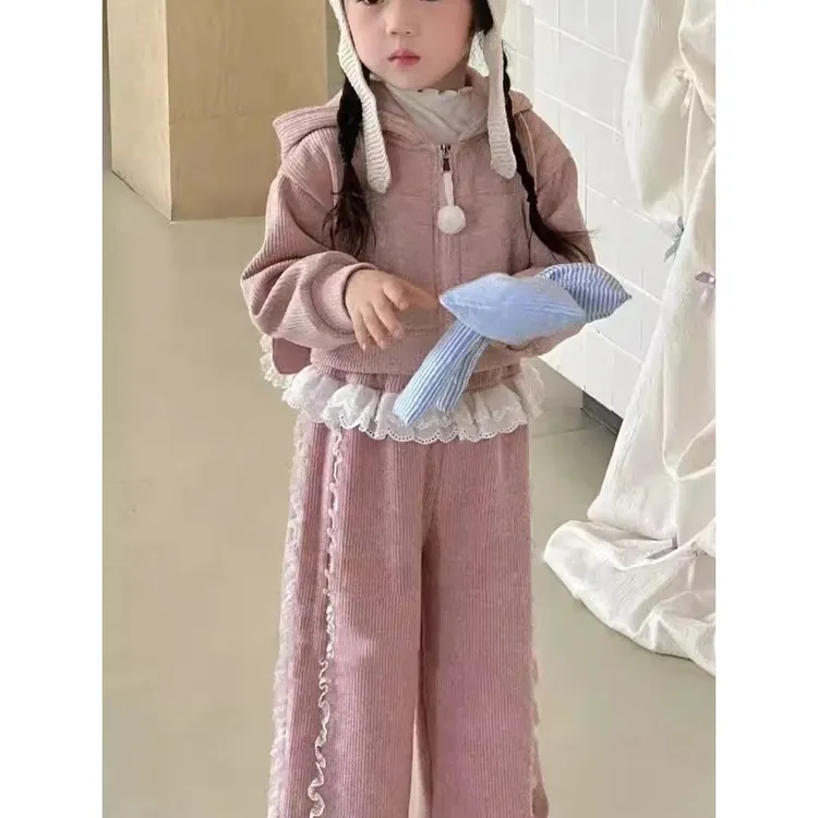 女童韩版森系宝宝秋季新款时髦甜美连帽兔耳蕾丝边外套直筒裤套装