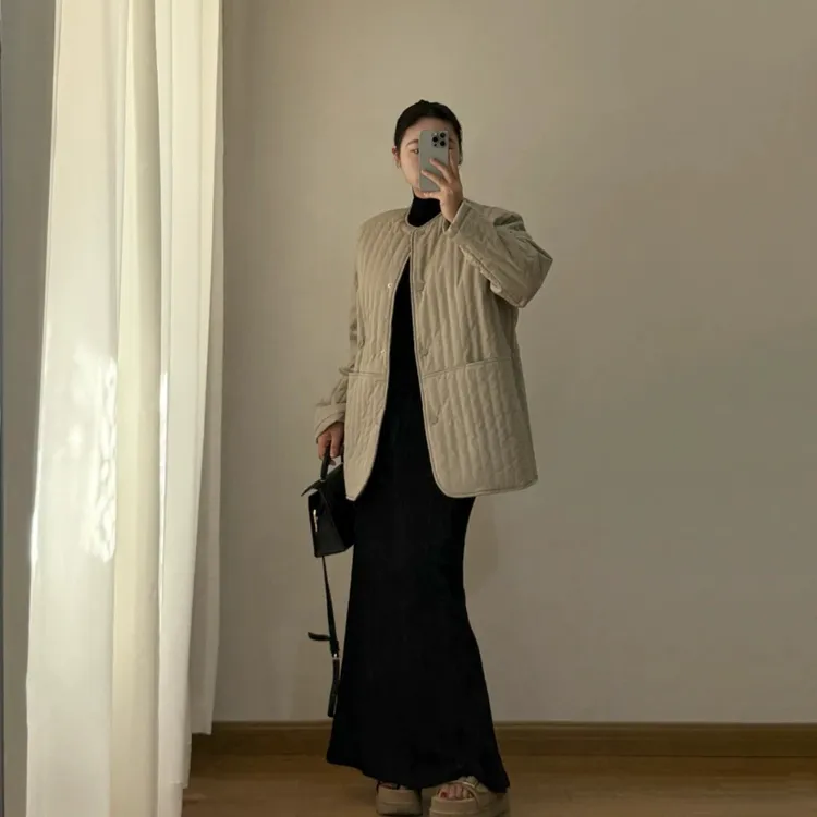 2025秋冬圆领竖条纹压线夹棉外套单排扣口袋保暖棉服外穿宽松女