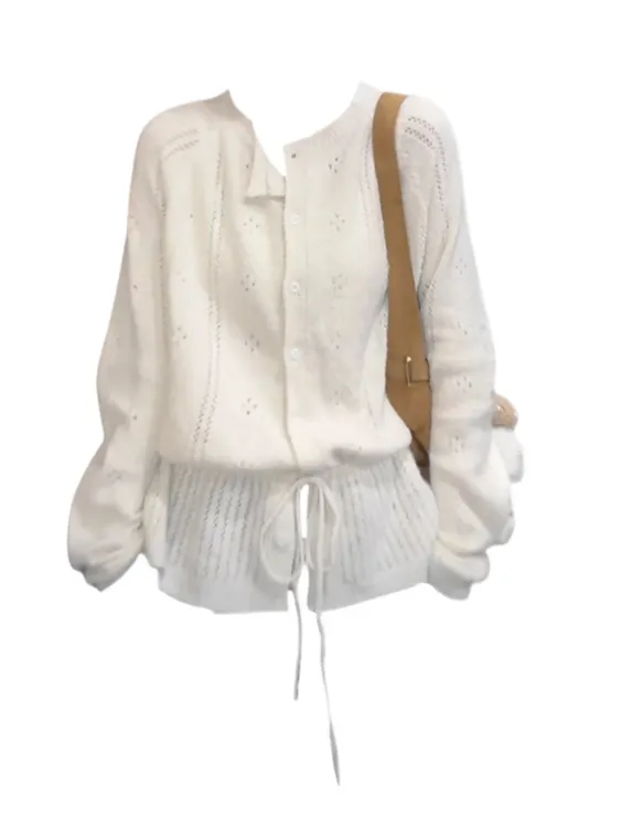 Amy家 微胖mm韩系甜美风钩花镂空针织衫女秋季设计感抽绳毛衣上衣