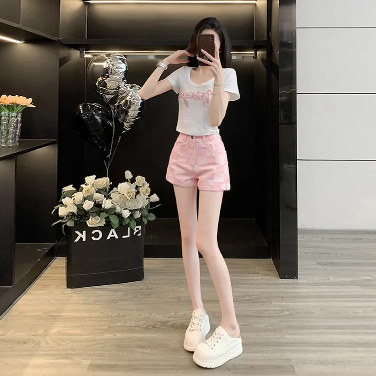 短袖t恤女洋气纯欲U领小个子短款上衣格子牛仔短裤减龄阔腿三分裤