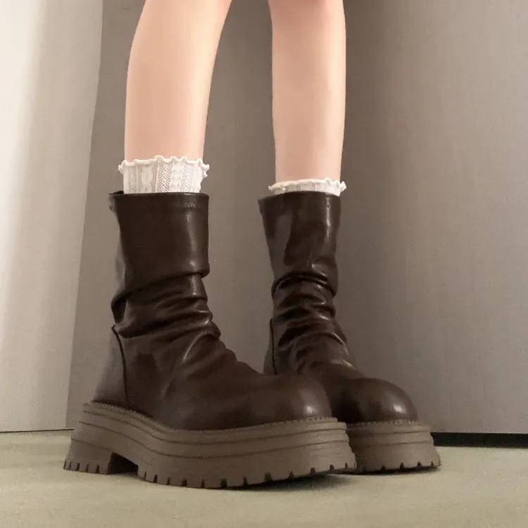 显腿细~马丁靴女2025秋冬新款英伦风粗跟弹力褶皱瘦瘦堆堆短靴子