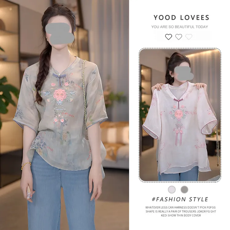 新中式国风刺绣衬衫夏季2025新款薄款中袖上衣高端潮流休闲衬衣女