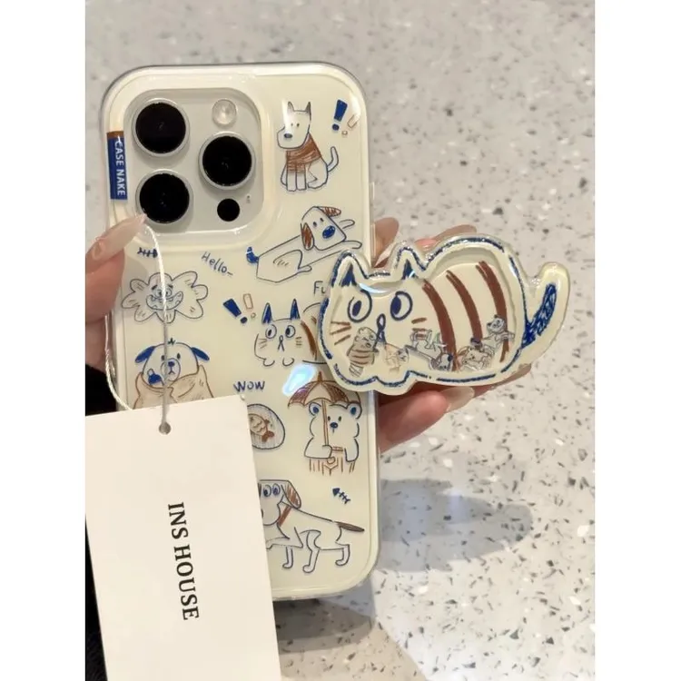 趣味线条猫咪小狗摇摇乐支架适用iphone16proma苹果15pro手机壳14