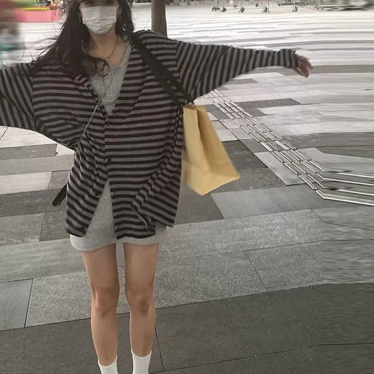 oversize慵懒风休闲黑灰条纹长袖防晒衣开衫夏外搭宽松薄款外套女