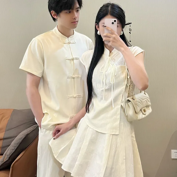 情侣装夏季新中式暗纹提花短袖衬衫汉服唐装女两件套男上衣