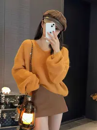早春秋冬爆款韩版宽松软糯亲肤V领高级感显白百搭针织衫毛衣女装