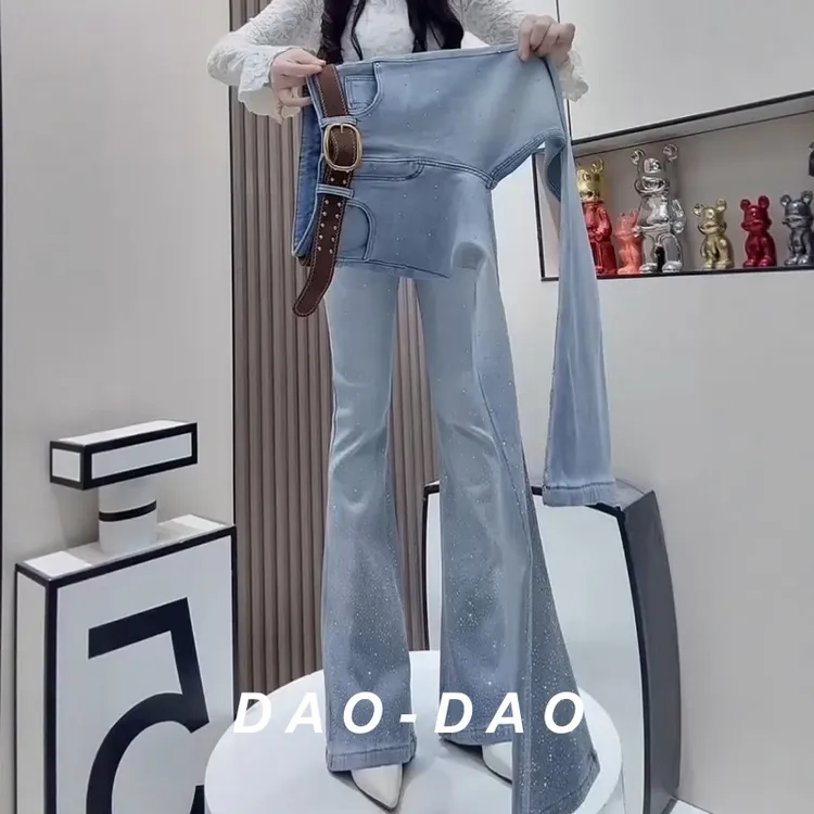 秋冬爆款重工烫钻高级感牛仔裤2025秋冬加绒欧货设计感闪钻喇叭裤