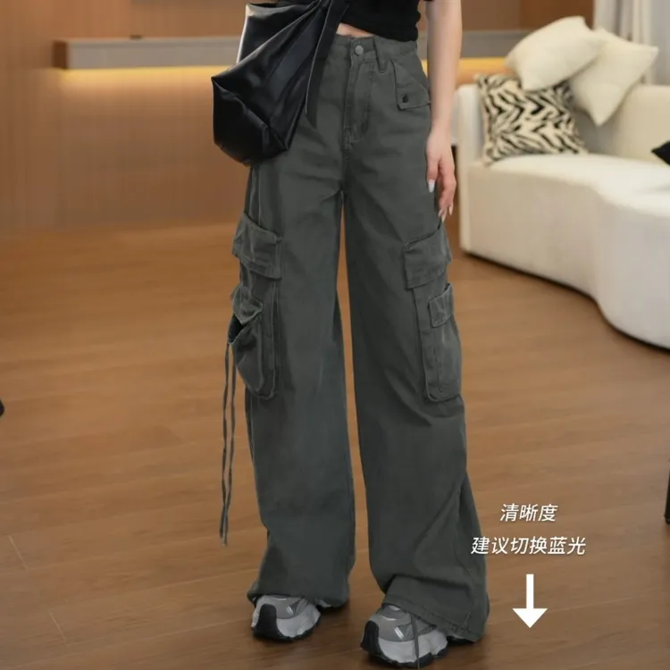 新款美式复古多口袋牛仔工装裤女宽松直筒拖地长裤LK2505291
