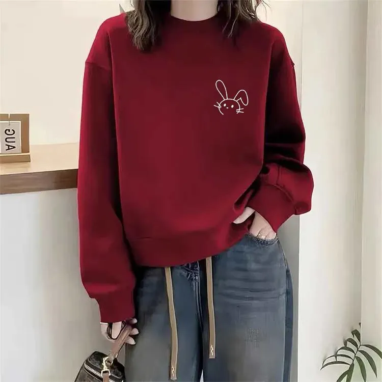 圆领套头打底衫加绒加厚卫衣女2025春秋季新款宽松韩版潮情侣外套