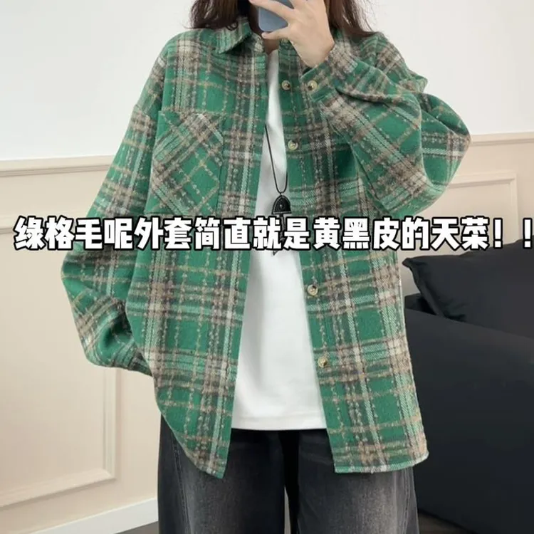 港味复古文艺风韩系毛呢格子衬衫外套秋冬季加厚宽松百搭休闲上衣