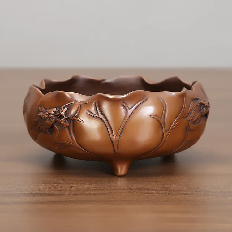 紫铜九龙浮雕烟缸全铜九龙钵艺术品龙纹烟缸茶桌送礼创意中式摆设