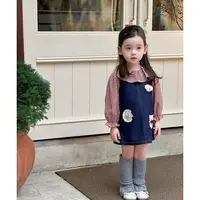 春秋款宝宝甜美可爱红格娃娃领长袖衬衣牛仔背带套装