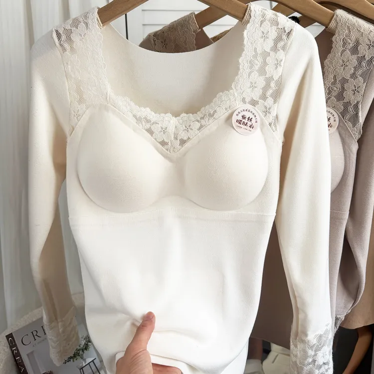 无痕磨毛保暖内衣女带胸垫文胸一体冬季内搭贴身发热秋衣打底上衣