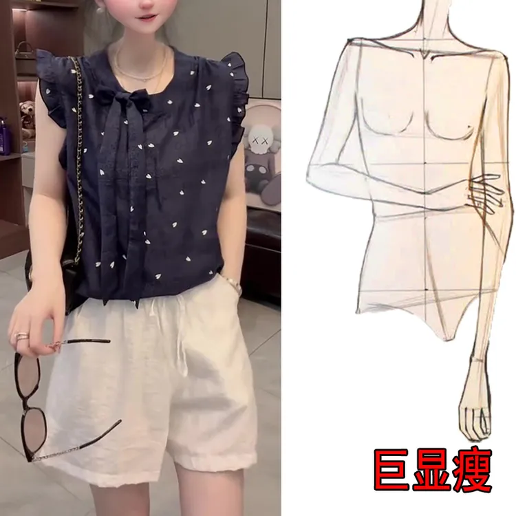 2025夏薄款韩版大码飞飞袖衬衫女蝴蝶结系带洋气减龄爱心印花上衣