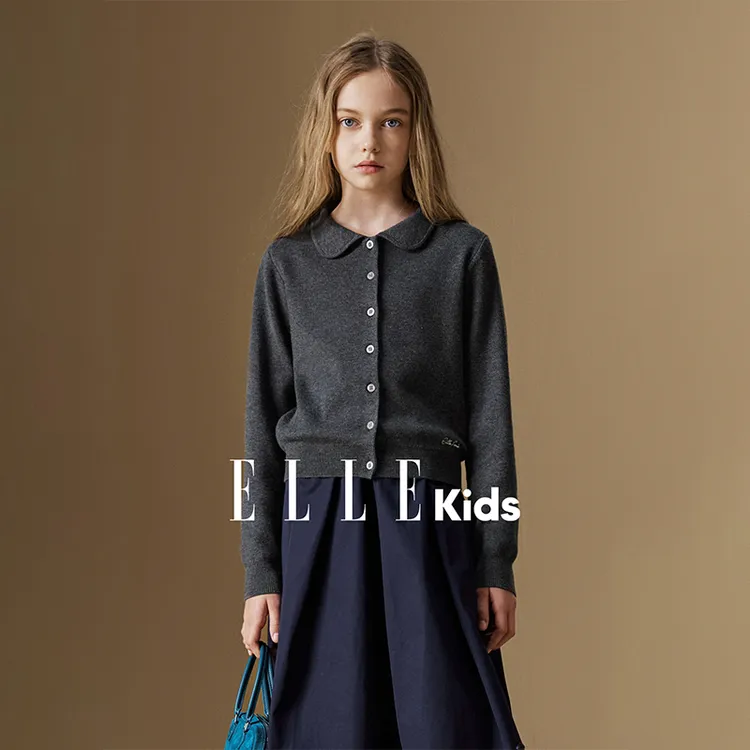 ELLE KIDS 娃娃领针织开衫女儿童秋季新款学院风字母绣花毛衣Q5