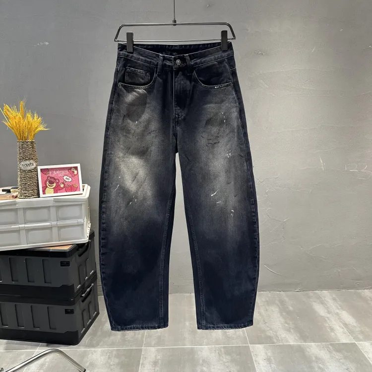新男士秋黑灰甩漆做旧宽松阔腿裤美式复古水洗做旧直筒牛仔香蕉裤