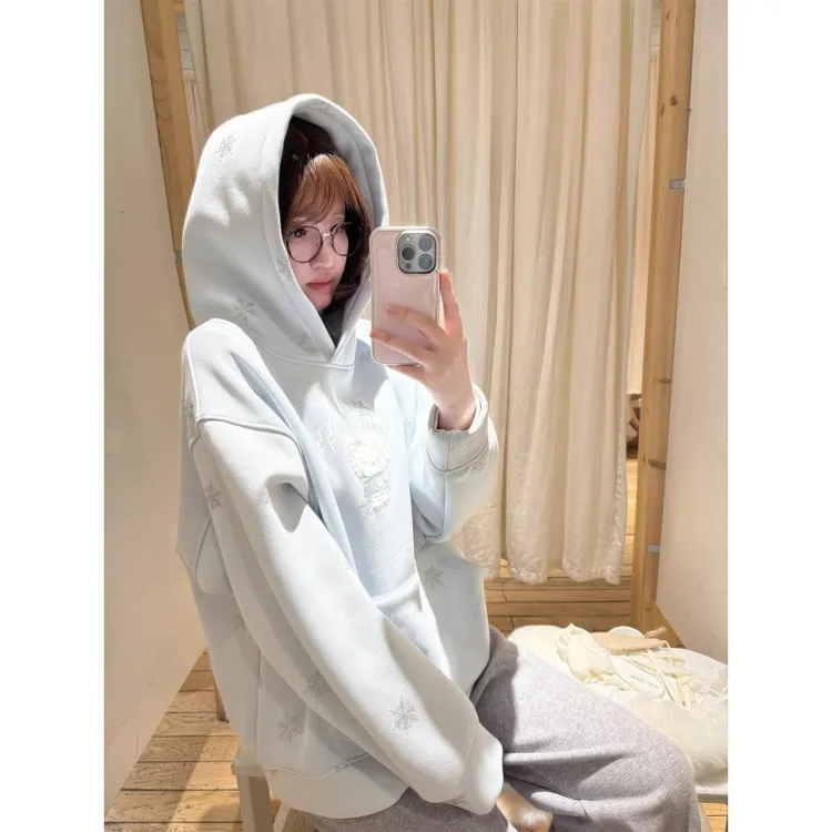 刺绣雪人连帽卫衣女秋冬加绒加厚宽松慵懒风设计感韩系套头外套潮