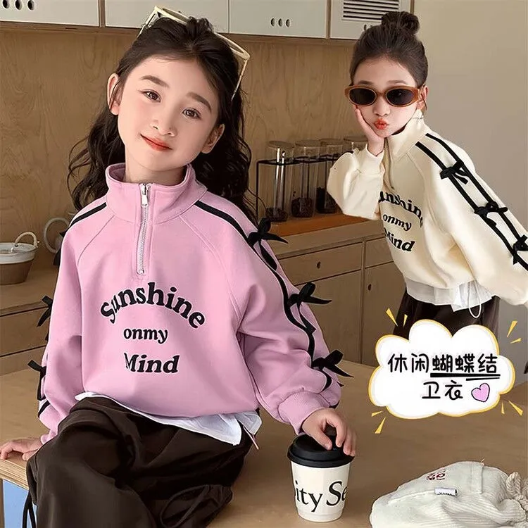 女童卫衣秋装2025新款时尚洋气休闲蝴蝶结中大童春秋长袖拉链上衣
