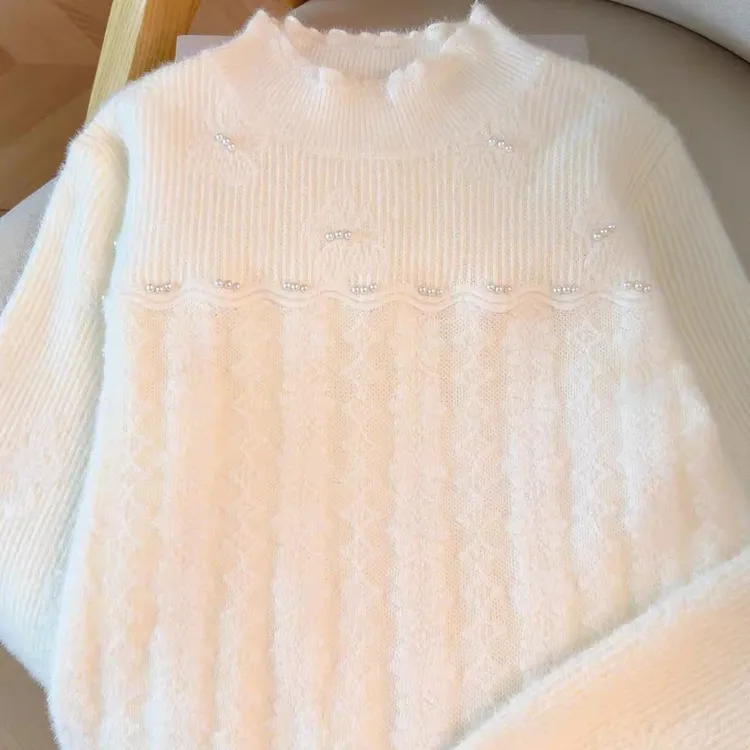 秋冬云朵绒加厚钉珠内搭打底衫半高领洋气宽松套头百搭针织衫毛衣