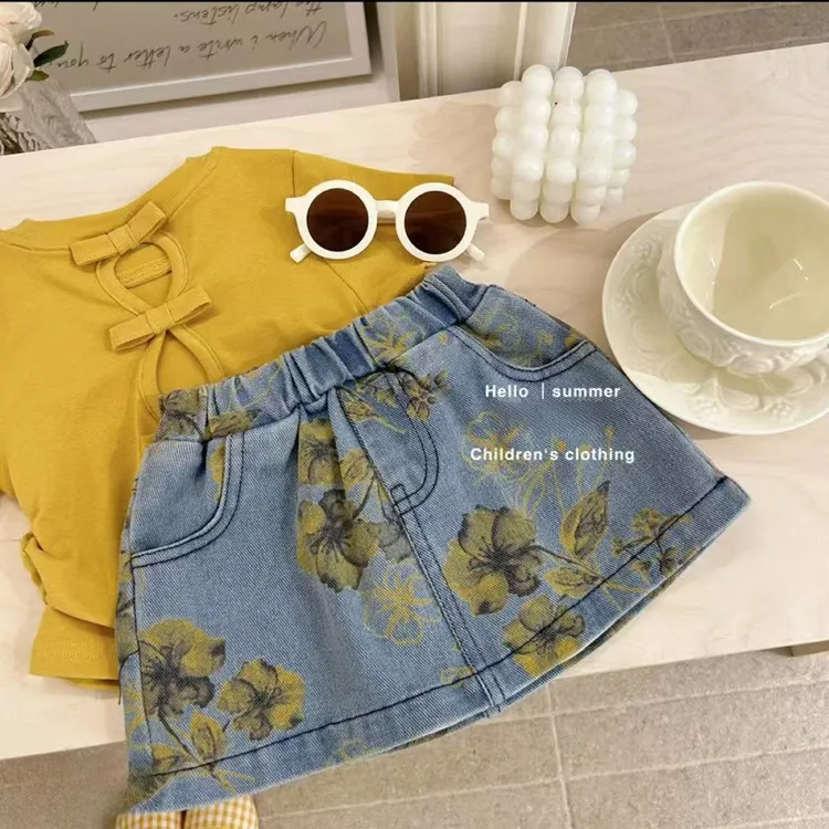 女童夏季套装新款韩版儿童短袖T恤牛仔半身裙两件套