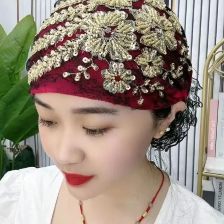 火爆网红爆款新款凤尾拼接时尚包头后花亮片洋气白发妈妈帽子蕾丝