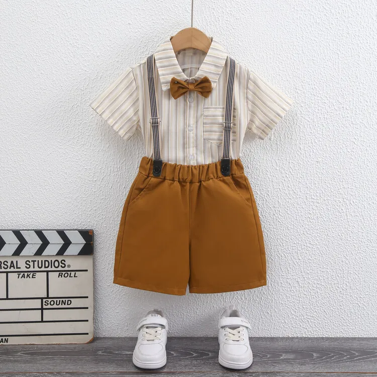 2025夏新品男宝宝条纹短袖衬衫背带裤套装儿童帅气韩版休闲两件套
