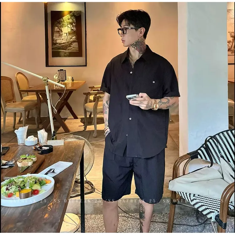 OXFREAK「老钱风 冰丝褶皱」度假风休闲高级感套装男短袖衬衫短裤