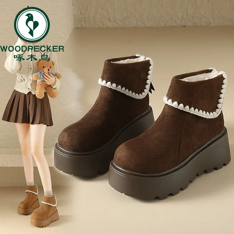 啄木鸟复古厚底雪地靴女2025冬季新款翻边刺绣马丁靴增高显瘦短靴