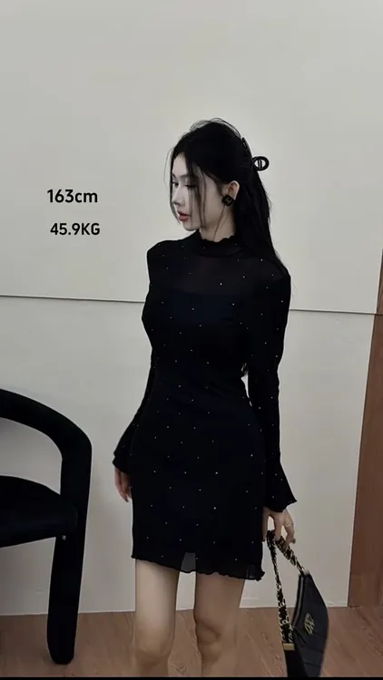 黑色钻钻连衣裙时尚长袖ins气质显瘦性感法式修身（不含腰带）