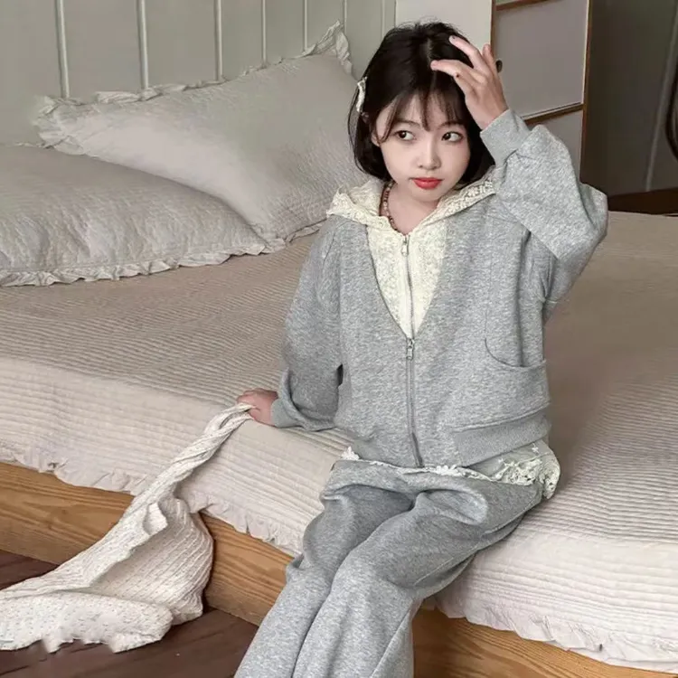 儿童蕾丝刺绣蕾丝套装女小童卫衣外套两件套女童韩版洋气好看春装