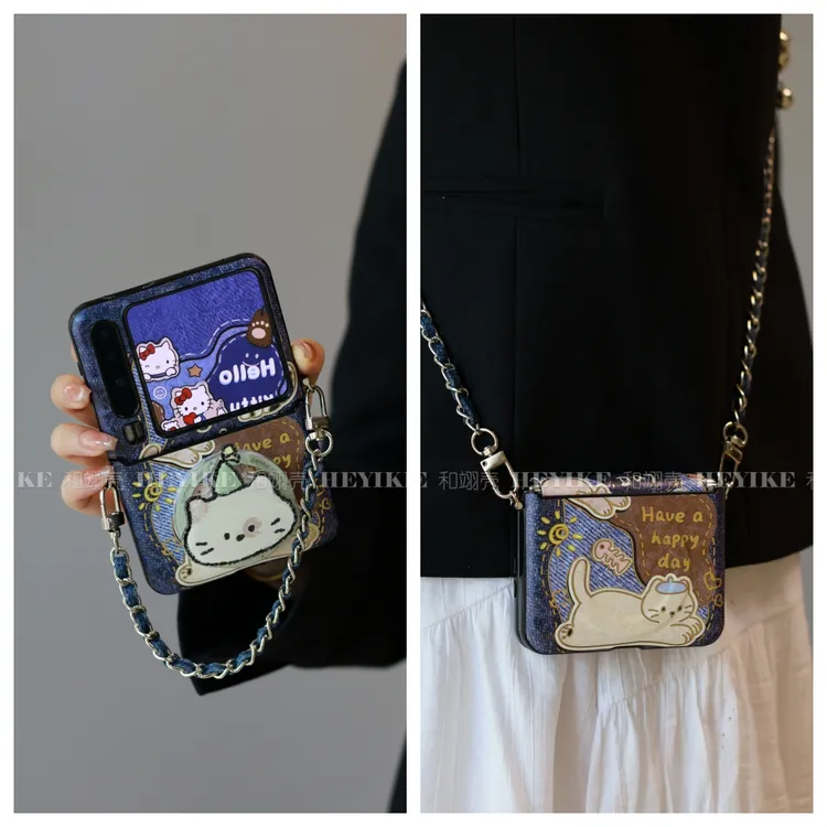 秋冬牛仔猫咪适用华为purax手机壳磁吸magicvflip2斜挎pocket2蓝