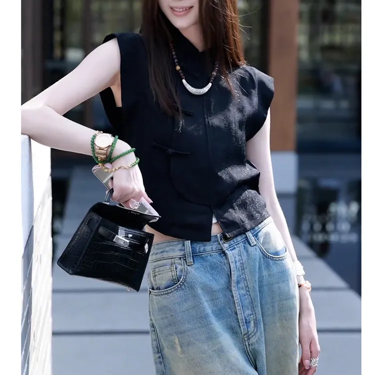 气质独特超好看新中式国风正肩显瘦短袖小飞袖黑色上衣女2025初春