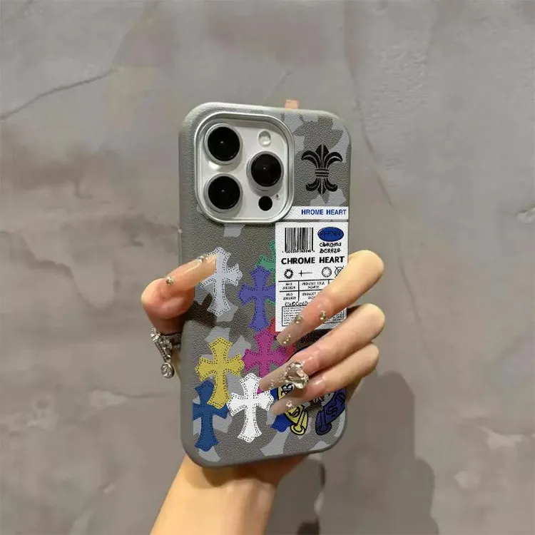 飞虎胜创意多彩十字适用iPhone16/15pro荔枝纹14金属框手机壳13套