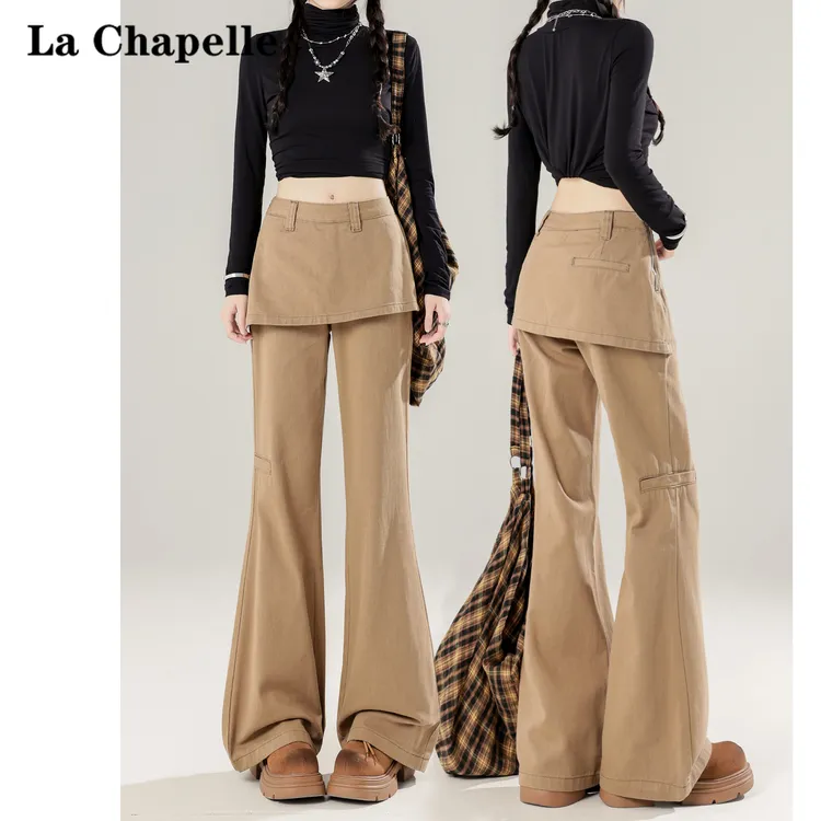 拉夏贝尔美式卡其工装裤女2025春季新款假两件高腰休闲微喇叭裤子