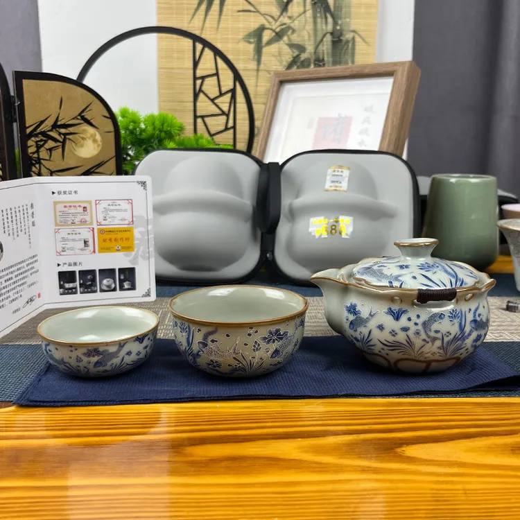 描银汝窑快客杯颜荣聪名作鱼藻纹户外便捷式旅行茶具一壶两杯带包