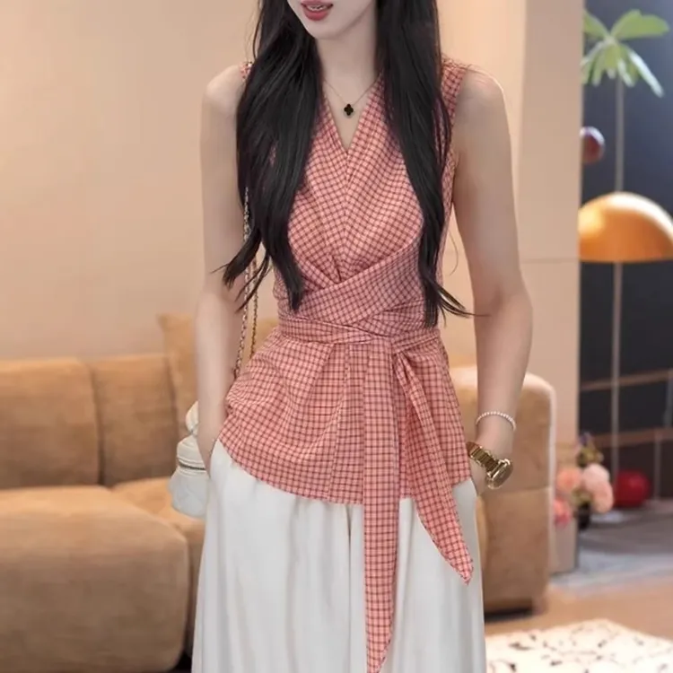 高级感红色格子无袖衬衫女夏季薄款胖MM大码女装显瘦收腰绑带上衣