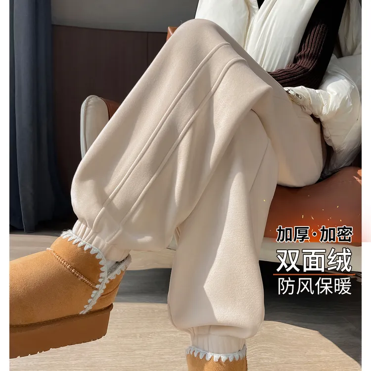 加绒防风卫裤女秋冬季加厚高腰美式哈伦裤休闲双面绒束脚运动裤子