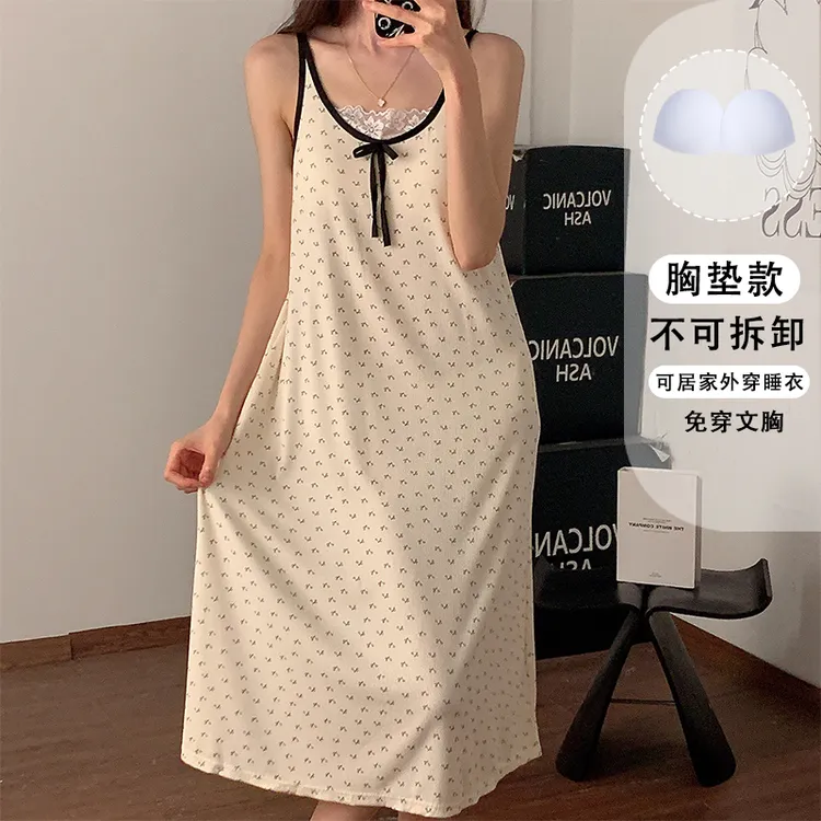 夏季新款睡裙少女莫代尔宽松带胸垫吊带睡衣黑色蝴蝶结蕾丝家居服