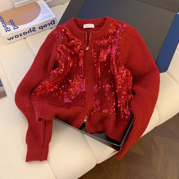 爆款十三行高货爆款~新年氛围感红色短款亮片毛衣开衫女秋冬外穿