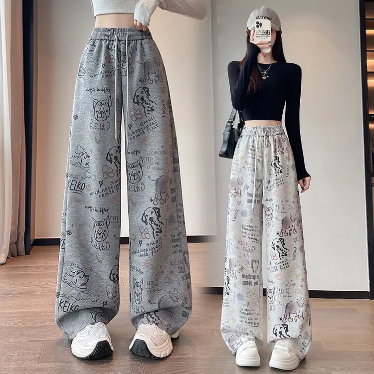 实拍现货2025秋季慵懒风卡通涂鸦印花阔腿长裤女休闲显瘦运动卫裤