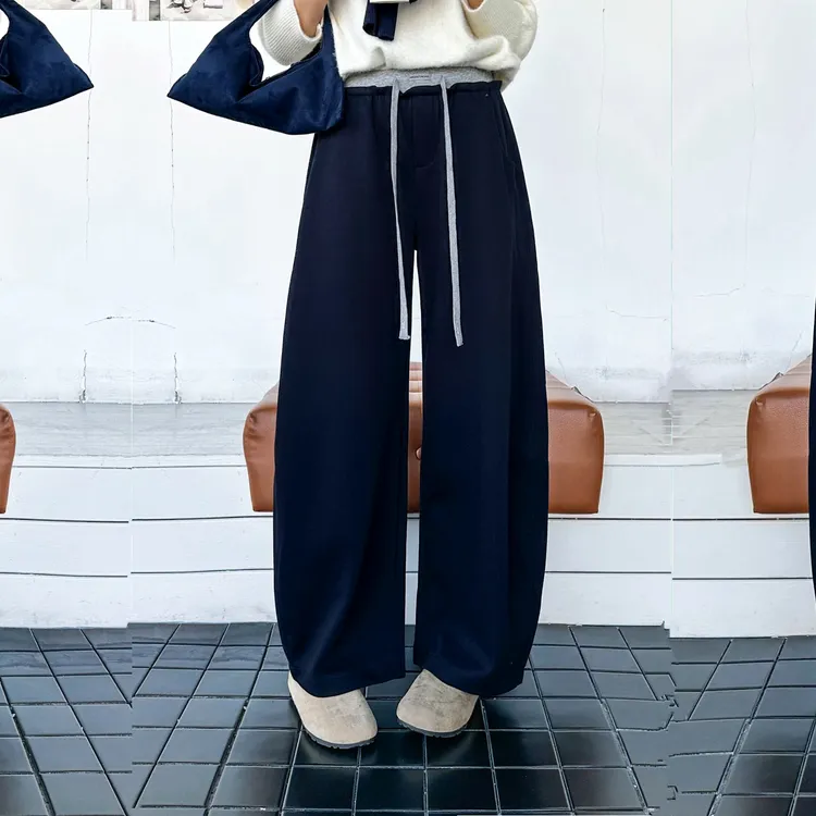 欧货撞色拼接弯刀卫裤女2025秋季新款高腰宽松阔腿裤抽绳运动裤子