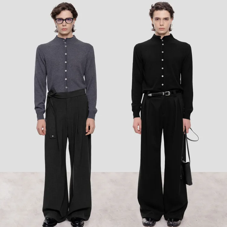 Stay the Night 假纽扣仿开衫羊毛混纺半高领卷边针织长袖打底