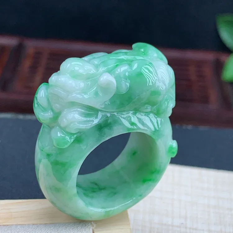 优惠内径20.6缅甸纯天然翡翠A货老坑绿色招财进宝貔貅戒指扳指