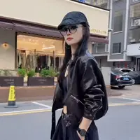 【C度笑笑力推】88112新品时尚小众设计师系列圆领短款皮衣外套