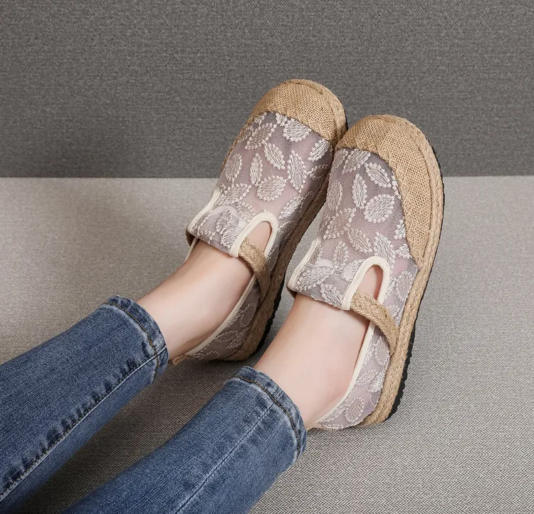 镂空草编编织绣花低跟布鞋网鞋蕾丝女鞋夏季百搭透气一脚蹬