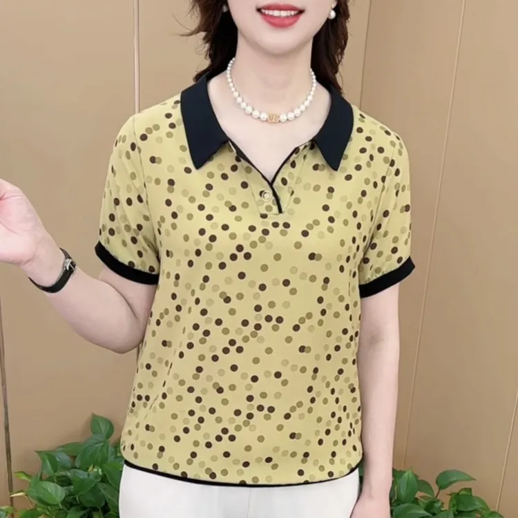 夏季新款时尚翻领圆点印花气质妈妈装宽松休闲薄款短袖上衣K8869