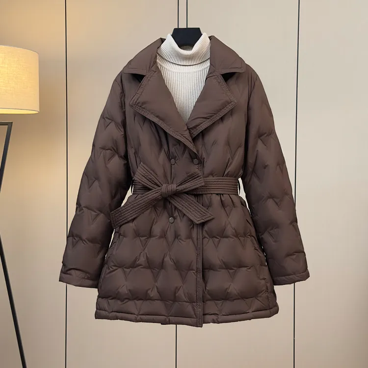 90白鸭绒西装领系带系中长款羽绒服女轻薄收腰显瘦显气质秋冬外套