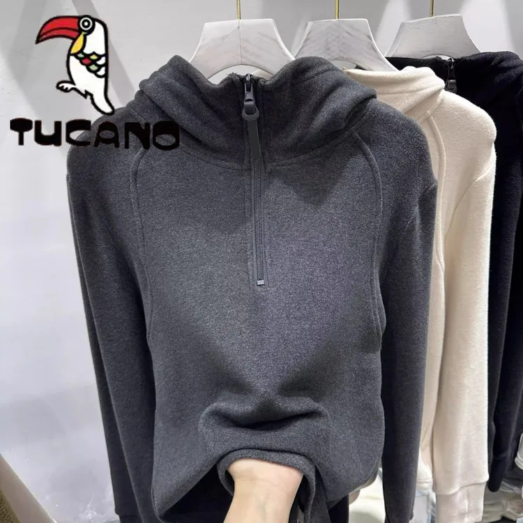 【啄木鸟】纯色半拉链连帽慵懒风卫衣女德绒打底时尚长袖套头上衣